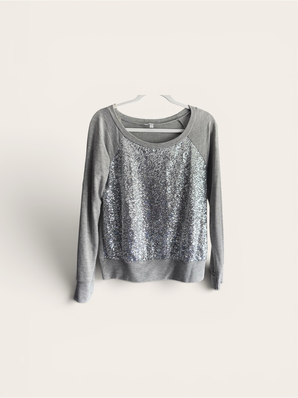 dELiA*s Silver Sequin Front Gray Raglan Sweatshirt
